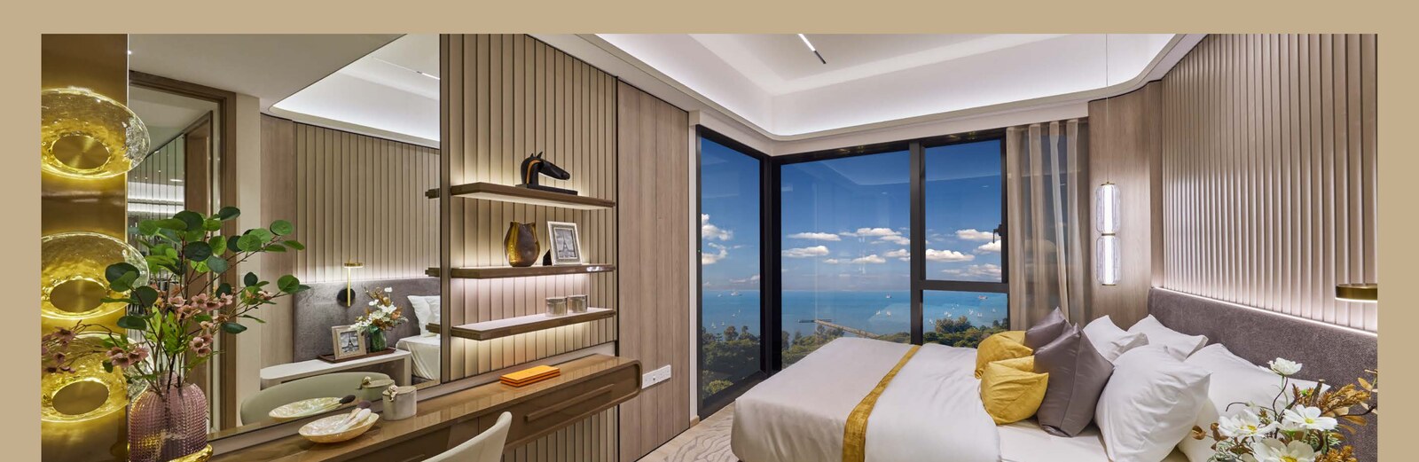 Vela Bay showflat master bedroom with sea view, for illustration only