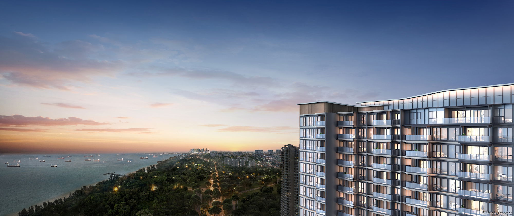 Vela Bay tower close-up at dusk with sea view, artist's impression