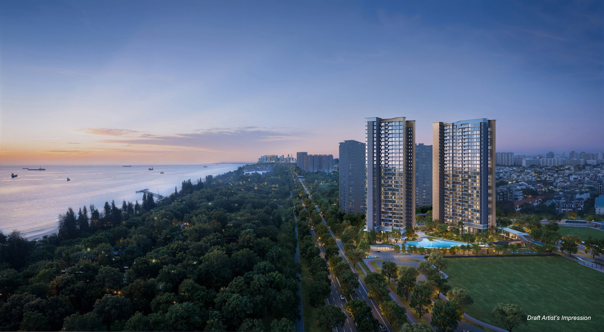 Vela Bay twin towers dusk aerial, artist's impression