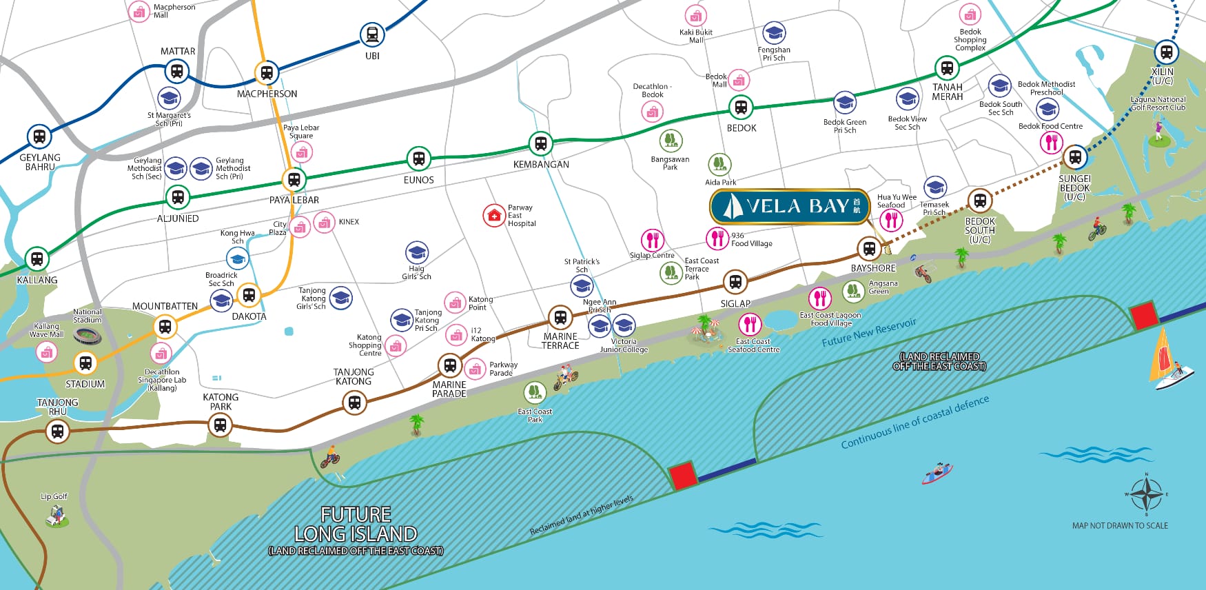 Map showing Vela Bay's location relative to MRT lines, schools, parks and amenities in the East Coast