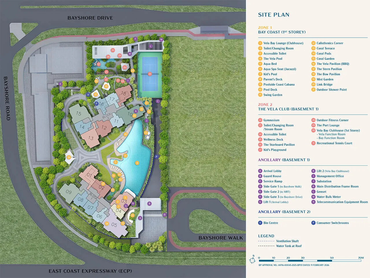 Vela Bay site plan showing Bay Coast facilities, The Vela Club and ancillary areas